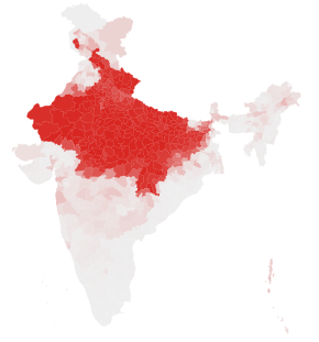 인도 내에서 힌디어 및 관련 방언(라자스탄어 포함)을 모어로 사용하는 인구의 비율 (2011년)