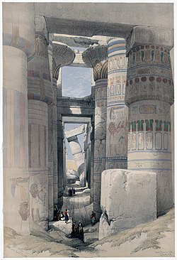 從一幅19世紀初的版畫中，刻劃了1838年時的阿蒙神廟情景；圖片來源：Wiki