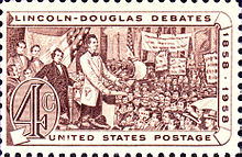 4 cent stamp with a drawing of Lincoln giving a speech to a crowd.