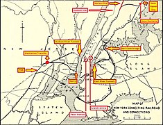 Landkarte mit Strecken der Pennsylvania Railroad und der New Haven Railroad. Die Markierungen mit Schlüsselstellen des Nordostkorridors wurden nachträglich eingefügt, die North River Tunnels sind als Hudson River Tunnels bezeichnet.