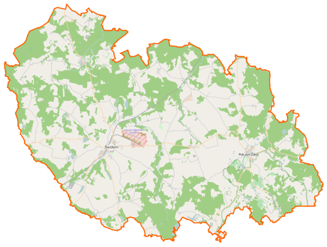 Mapa konturowa powiatu świdwińskiego, po prawej nieco na dole znajduje się punkt z opisem „Połczyn-Zdrój”