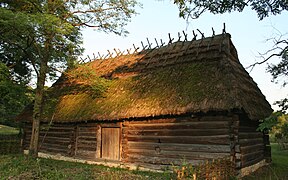 Round log barn in the skansen (open-air museum) in Sanok, Poland