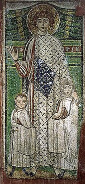 A pre-Iconoclastic depiction of St. Demetrios at the Hagios Demetrios Basilica in Thessaloniki. St George as patron of two children. Mosaic, church of St Demetrios in Thessaloniki.jpg