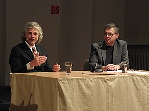 Pinker and Nils Brose speaking at a neuroscience conference Steven Pinker and Nils Brose Gottingen 10102010.JPG