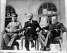 The Big Three: Stalin, U.S. President Franklin D. Roosevelt, and British Prime Minister Winston Churchill at the Tehran Conference, November 1943 Teheran conference-1943.jpg