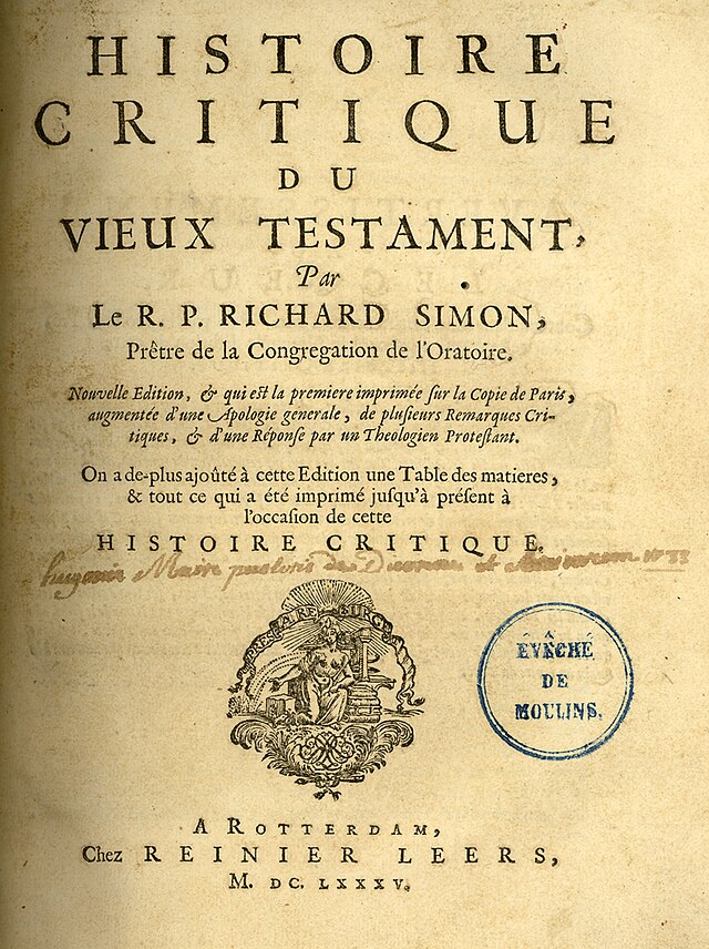  page with text beginning "Histoire Critique du vieux testament par Le R. P. Richard Simon"