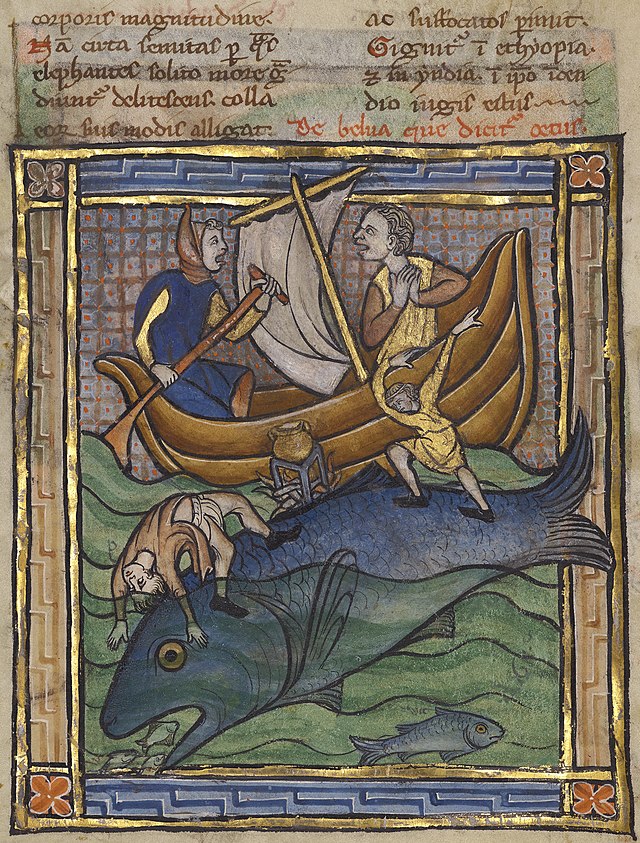 Illustrated manuscript with painting of people and a giant whale