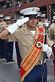 Gunnery Sergeant Victor Miranda, drum major for the 2nd MAW Band, salutes during the 32nd Annual Troy Flag Day Parade.