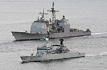 Bunker Hill (rear) with Lekir of the Royal Malaysian Navy during a passing exercise in the Strait of Malacca US Navy 110126-N-7981E-422 The Royal Malaysian Navy frigate KD Lekir (FF 26) leads the Ticonderoga-class guided missile cruiser USS Bunker Hill (CG.jpg