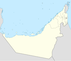 Mapa konturowa Zjednoczonych Emiratów Arabskich, blisko prawej krawiędzi nieco u góry znajduje się punkt z opisem „Fudżajra”