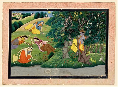 Krishna Fluting to the Milkmaids, Kangra painting, 1775–1785