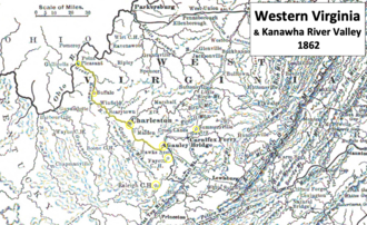 map of Western Virginia in 1862 including the Kanawha River, which flows past Charleston to the Ohio River