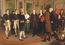 Depiction of the signing of the Treaty of Ghent, which formally ended the war between the British Empire and the United States Signing of Treaty of Ghent (1812).jpg