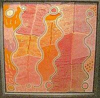 Le rêve du serpent liane, Maggie Napangardi Watson (Désert australien), 1990. Acrylique sur toile, 92 x 92 cm. Musée du quai Branly[23].