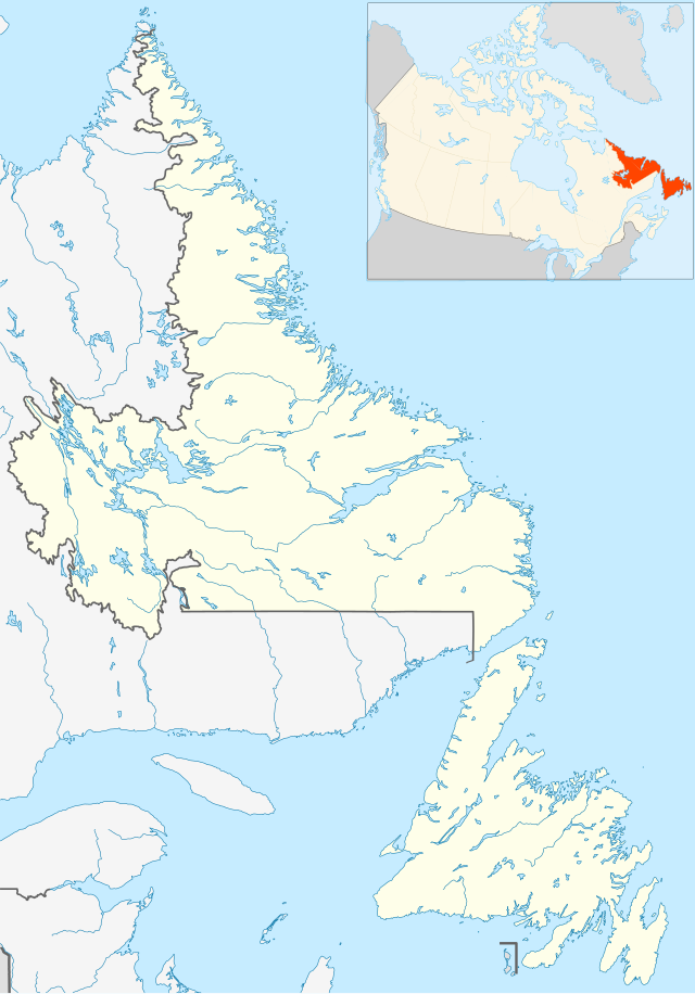 Mapa konturowa Nowej Fundlandii i Labradoru, w prawym dolnym rogu znajduje się punkt z opisem „St. John’s”