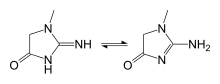 The cyclic derivative creatinine exists in equilibrium with its tautomer and with creatine. Creatinine-tautomerism-2D-skeletal.svg