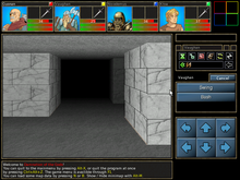 Screenshot of Damnation of Gods, a Dungeon Master clone. All four members of the players' party move around the game world as a single unit, or "blob", in first-person perspective. DOTGv0.31screenshot.png