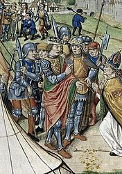 Солдаты с различными секирами, включая фошар и глефу. Миниатюра рукописи «Больших французских хроник», 1487 г.