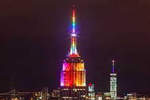 The Empire State Building and One World Trade Center lit with the colors of the rainbow flag in June 2015 Empire State Building in Rainbow Colors for Gay Pride 2015 (19258535002).jpg
