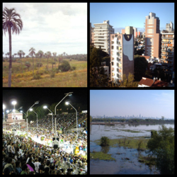 Counter-clockwise from top: El Palmar National Park, Paraná, Carnival in Gualeguaychú, Paraná Delta with Rosario City in the background