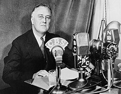 President Franklin Roosevelt broadcast a series of "fireside chats" to directly speak to the public (September 30, 1934). FDR-September-30-1934.jpg