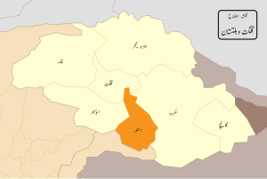 map of Gilgit-Baltistan (in yellow) whereas  Astore district location is orange colored .