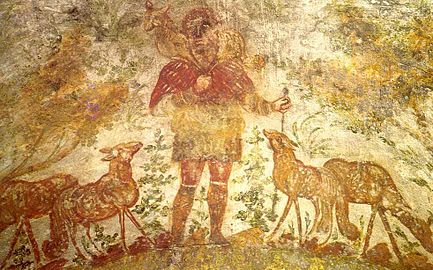 'Den gode hyrde' i Domitillakatakomberne syd for Via Appia i Rom