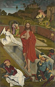 Résurrection du Christ (Verso : Apôtres Barthélemy et Jacques), vers 1465, Bavarian State Painting Collections (en).