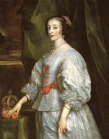 Old portrait by Van Dyke of a richly dressed queen in a white dress, with a crown near her right hand