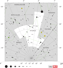 Diagram showing star positions and boundaries of the Hydrus constellation and its surroundings