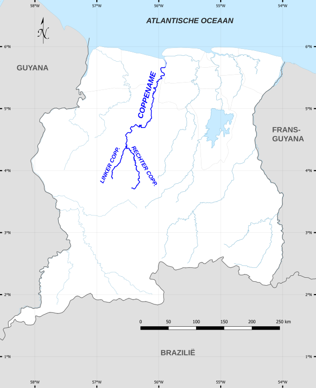 Kaart van de Coppename Rivier in Suriname
