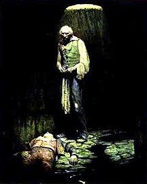 Jean Valjean sauve Marius en descendant dans les égouts. Illustration de Mead Schaeffer (1900)