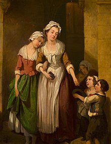 Giving alms to poor children can be considered an act of altruism or generosity. Manner of Francis Wheatley, Giving alms to beggar children.jpg