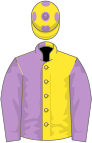 Yellow and mauve halved, mauve sleeves, Yellow cap, mauve spots