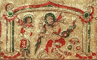 Слева: мужчина держит тарелку с фруктами; справа: бородатый мужчина исполняет танец хутэн. Обе фигуры имеют нимбы. Могила Ю Хуна[англ.], VI век н. э.