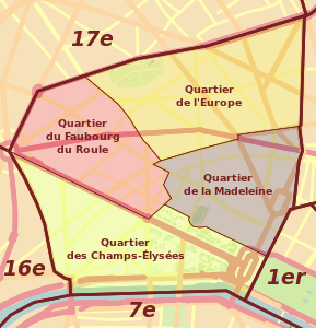 De fyra administrativa distrikten i Paris åttonde arrondissement.