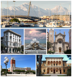 Clockwise, from top: Port of Pescara and Gran Sasso d'Italia, Church of the Sacred Heart, Aurum Museum, Palazzo di Città, Palazzo Imperato and Fountain La Nave