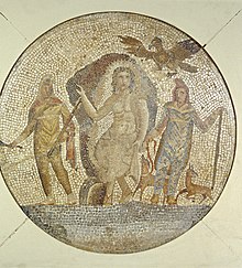 Mosaic (1st century CE) depicting Mithras emerging from his cave and flanked by Cautes and Cautopates (Walters Art Museum) Roman - Fragment of a Mosaic with Mithras - Walters 437.jpg