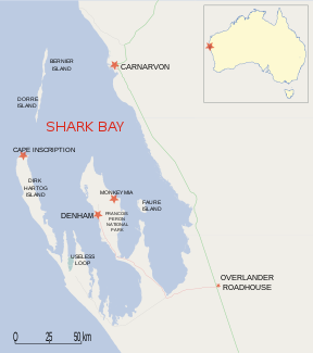 Karte der Shark Bay. Die beiden Inseln befinden sich nördlich der Dirk Hartog Island. Dorre Island ist die südlichere, Bernier die nördlichere Insel.