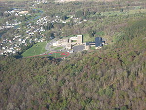 A Bird's eye view of Smethport Area Schools. The high school is on the left. The elementary school is on the right. Click for a larger view.