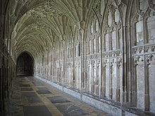 The fan-vaulted south range of the cloister at Gloucester Cathedral, which was a Benedictine Abbey from 1022 to 1539. South cloister of Gloucester Cathedral.jpg