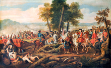 English Army troops (in red) at the Battle of Malplaquet. The Battle of Malplaquet, 1709.png