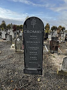 A photo of Sean Cromien's grave at Glasnevin Cemetery with autumnal trees and a blue sky in the background. The headstone names Cromien's family members buried there above a short inscription reading "Rest in Peace."