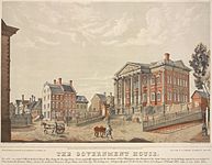 Government House, Manhattan, New York (1790–1791). Built to be the permanent presidential mansion, Congress moved the national capital to Philadelphia before its completion.