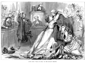 Drawing of the characters in a courtroom