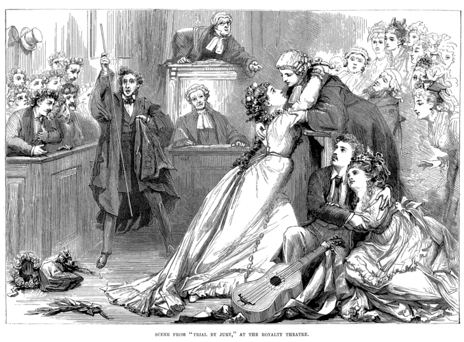 Сцена из комической оперы Гилберта и Салливана Trial by Jury (Иллюстрация из журнала Illustrated Sporting and Dramatic News 1 мая 1875)
