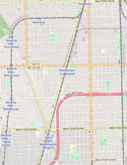 Снимок экрана OpenStreetMap, на котором запечатлены улицы Чикаго от примерно 87-й улицы на севере до 107-й улицы на юге, ограниченных двумя железнодорожными путями на западе и востоке. В центре снимка - Вашингтон-Хайтс, также изображена восточная часть Беверли.