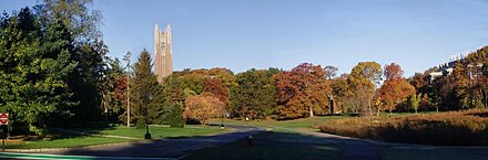 Image of Wellesley College, pictured: Galen Stone Tower trees during Autumn.