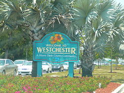 Sign markin entrance tae Westchester on Bird Road, juist wast o the Palmetto Expressway