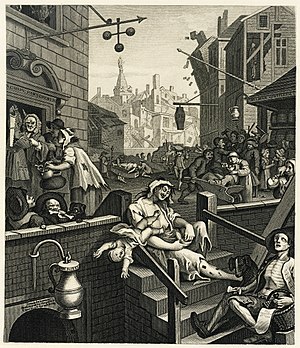 William Hogarth's engraving Gin Lane, as repro...